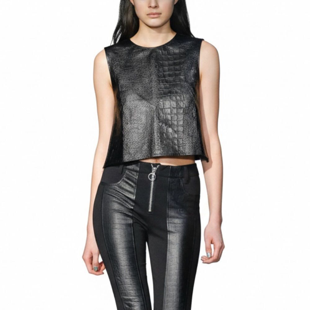 Stolen Girlfriends Club Black Croc Embossed Sleeveless Crop Tank Top Size 8